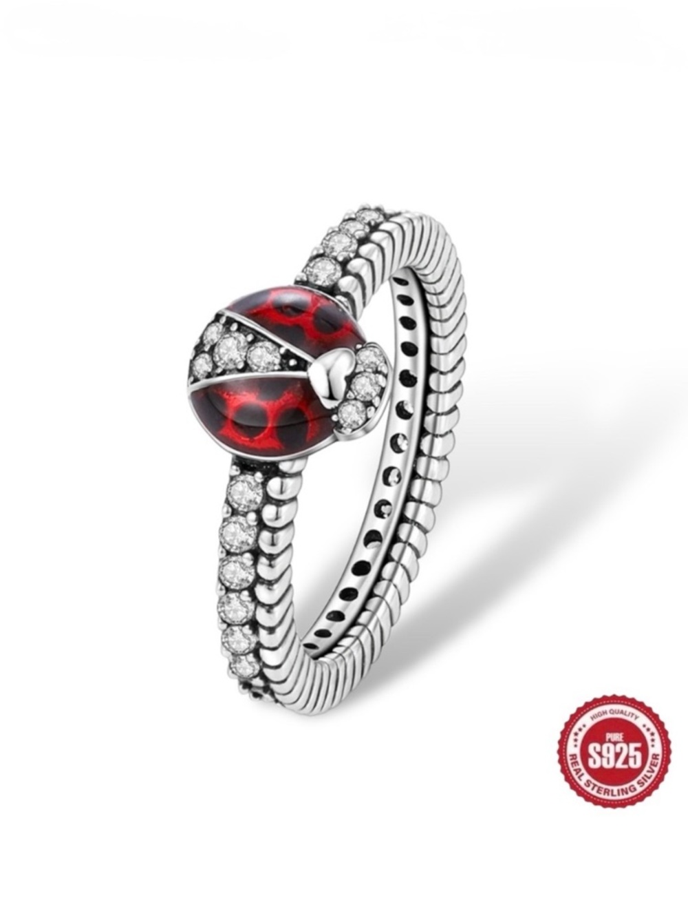NEW Ladybug Ring Sz 8 S925 Solid Sterling Silver Red Enamel CZ Whimsical